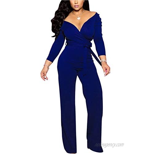 IyMoo Women's Sexy Wrap Top Wide Leg Long Sleeve Cocktail V Neck Jumpsuit
