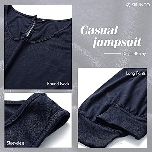 KIRUNDO Women's Summer Jumpsuits Casual Sleeveless Jumpsuit Drawstring Elasitic Waist Romper Pajama with Pockets
