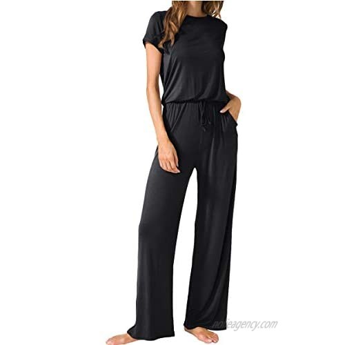 LAINAB Women's Short Sleeve Loose Wide Legs Casual Jumpsuits with Pockets