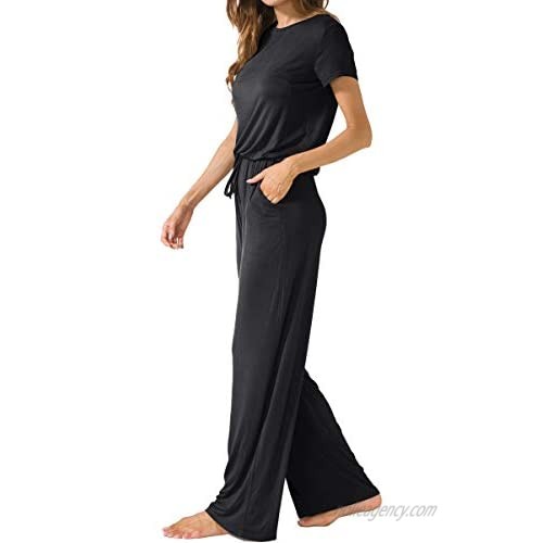 LAINAB Women's Short Sleeve Loose Wide Legs Casual Jumpsuits with Pockets