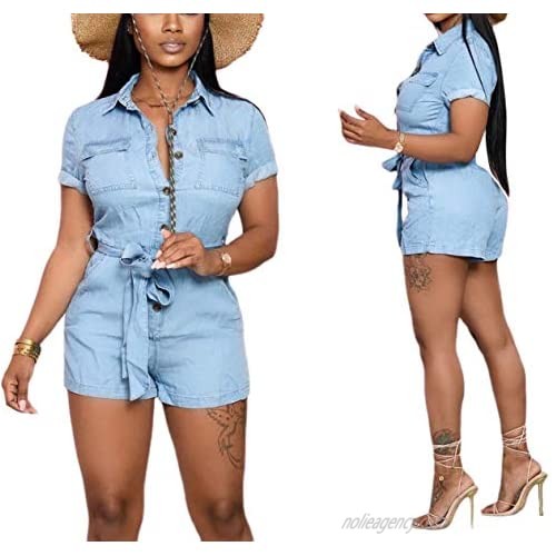LaiyiVic Denim Romper for Women Jumpsuit Stretch Sexy Casual Short Sleeve Summer