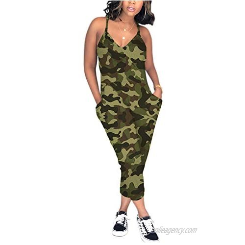 Ophestin Womens Casual Sleeveless V Neck Racerback Plus Size Camouflage Jumpsuit