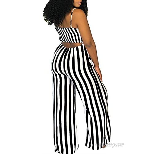 PerZeal Women's Sexy Spaghetti Strap Stripe Jumpsuits Casual Wide Leg Long Pants Rompers Sleeveless Ladies Outfits