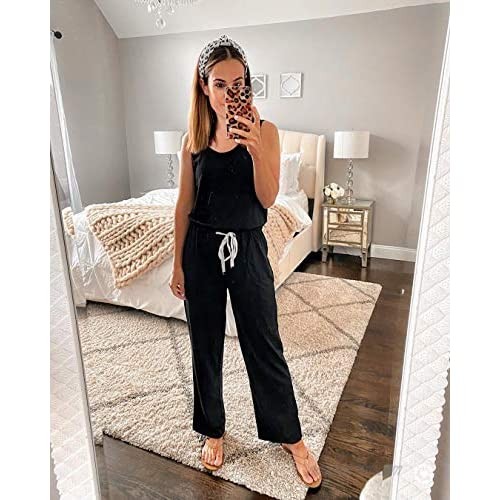 PRETTYGARDEN Women’s Casual Solid Sleeveless Jumpsuit Crewneck Drawstring Waist Stretchy Long Pants Romper with Pockets