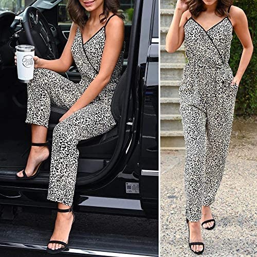 PRETTYGARDEN Women's Sexy Wrap V Neck Leopard Print Spaghetti Strap Long Pants Jumpsuits Rompers with Pockets