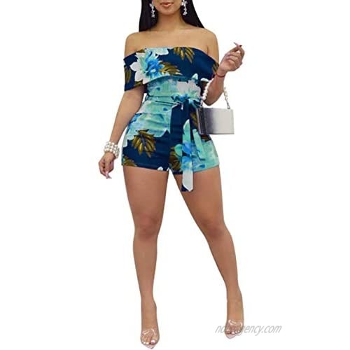 Salimdy Women's Sexy Off Shoulder Ruffle Sleeve Short Jumpsuit Floral Print Drawstring Rompers Clubwear