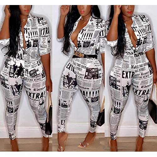 Sexy Club Outfits for Women - Two Piece Outfits for Party Night Newspaper Print Shirt Long Pants Tracksuit Outfits