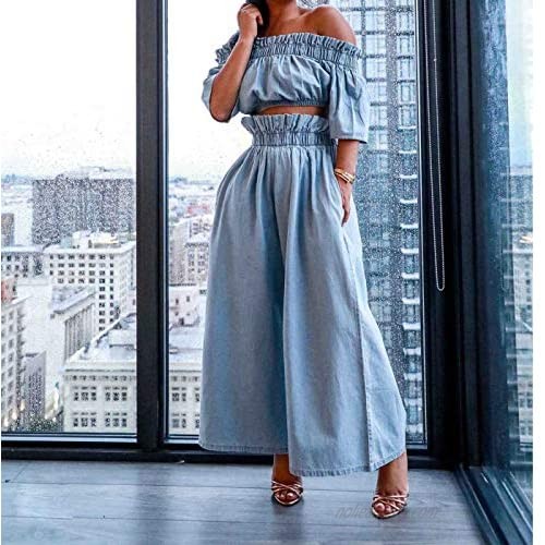 Sexy Two Piece Jeans Outfits - Demin Off The Shoulder Crop Tops Wide Leg Pants Sets Long Romper Jumpsuits