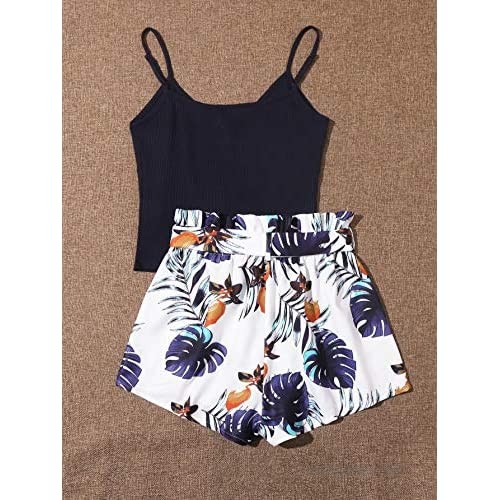 SheIn Women's Floral Twopiece Sleeveless Halter Lace Cami Crop Top and Short Set