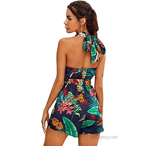 SheIn Women's Sexy Cutout Criss Cross Tie Back Tropical Print Halter Romper