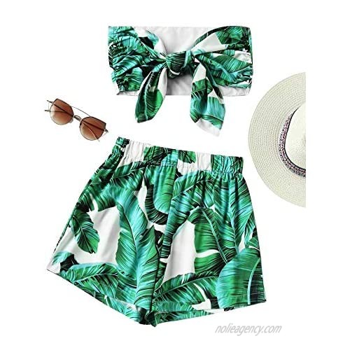 SweatyRocks Women's 2 Piece Outfits Sexy Knot Front Bandeau Crop Top with Shorts Sets