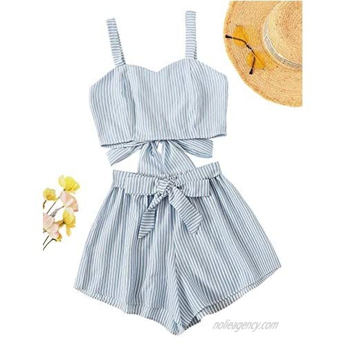 SweatyRocks Women's 2 Piece Outfits Summer Sleeveless Tie Back Crop Cami Top and Shorts Set