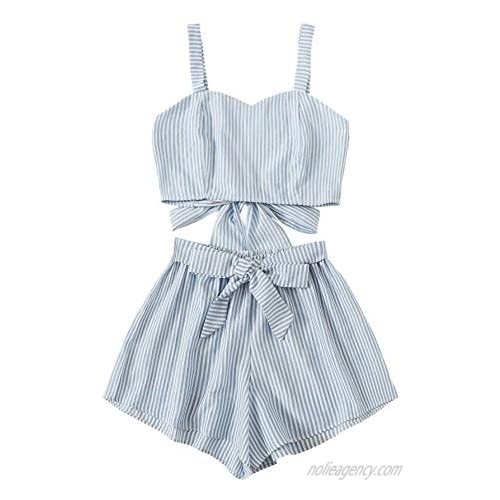 SweatyRocks Women's 2 Piece Outfits Summer Sleeveless Tie Back Crop Cami Top and Shorts Set