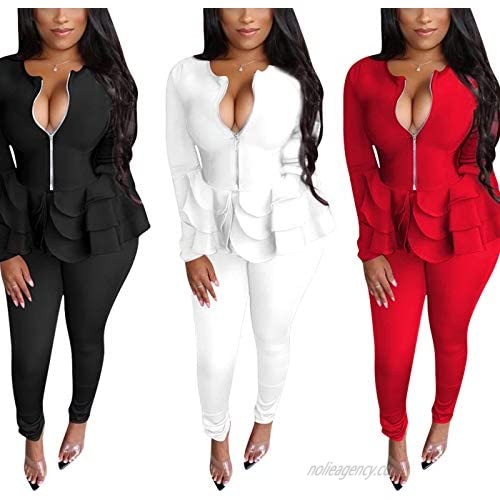 Two Piece Outfits for Women Sexy - Long Sleeve V Neck Peplum Ruffle Raw Hem Pullover Tops Bodycon Long Pants Sets Tracksuit