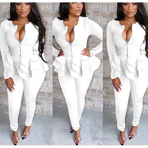 Two Piece Outfits for Women Sexy - Long Sleeve V Neck Peplum Ruffle Raw Hem Pullover Tops Bodycon Long Pants Sets Tracksuit