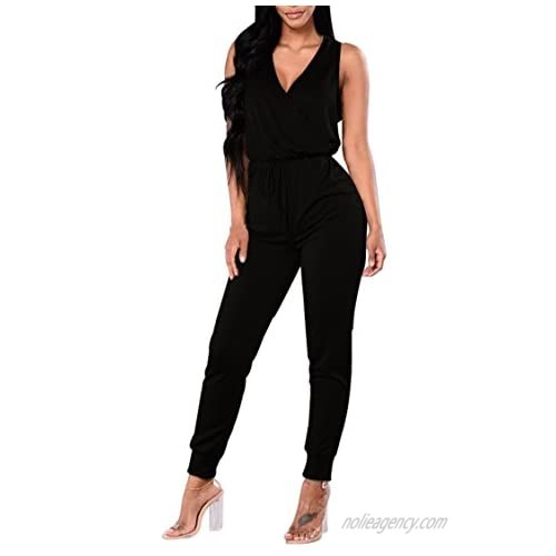 VamJump Womens Casual Sleeveless Jumpsuit Wrap Front V Neck Drawstring Summer Jumpsuit Outfits