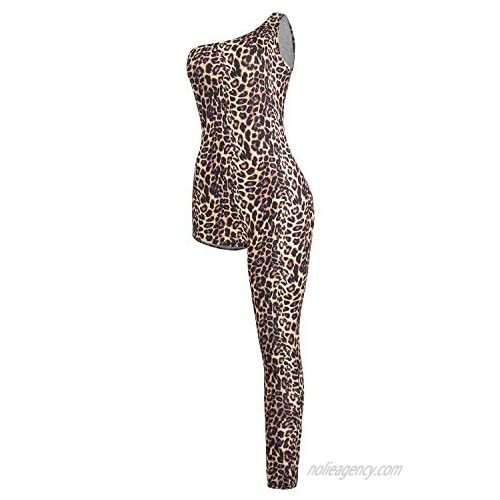 VWIWV Women's Sexy Leopard Jumpsuit One Shoulder Asymmetric Party Clubwear Jumpsuit Romper Long Pants