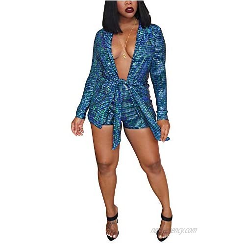 Women 2 Piece Outfits Sets Long Sleeve Glitter Sequin Metallic Blazer and Bodycon Short Pants Club Jumpsuit Tracksuit