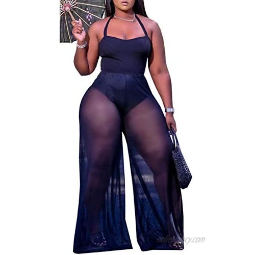 Women Sexy Halter Wide Leg Mesh Jumpsuits Plus Size Onesies Summer Outfits