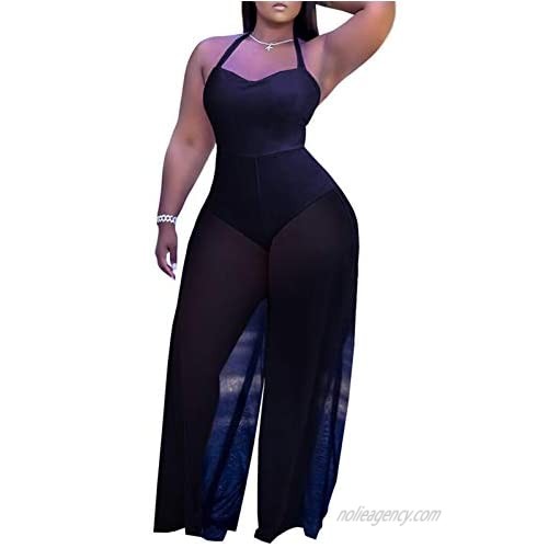 Women Sexy Halter Wide Leg Mesh Jumpsuits Plus Size Onesies Summer Outfits