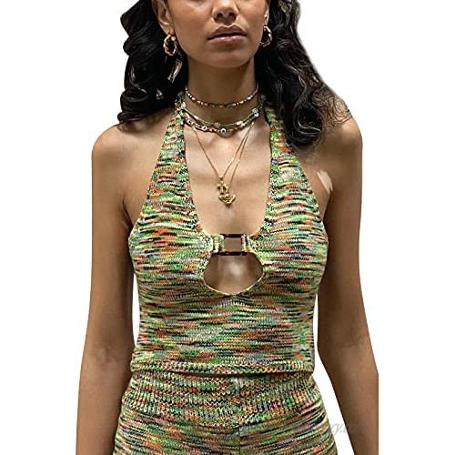 Women Sleeveless Bodycon Knitted 2pcs Outfits Halter Neck Tie Dye Top+ Short Pants Sets Y2k Summer Streetwear
