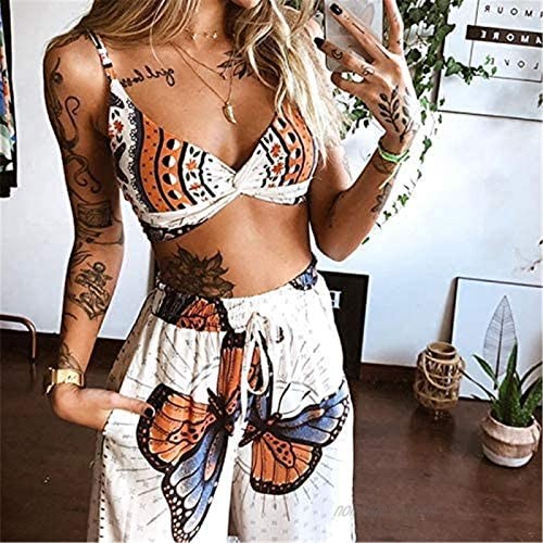 Women's 2 Piece Boho Summer Outfits Bohemian Floral Butterfly Print Sexy Crop Tops Wide Leg Loose Palazzo Pants 2Pcs Set