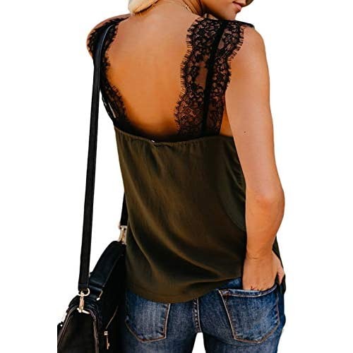 Actloe Women V Neck Lace Patchwork Casual Cami Tank Tops Sleeveless Shirts