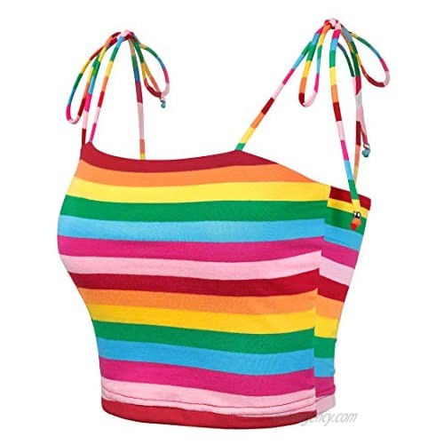 Allegra K Women's Rainbow Striped Tie Spaghetti Straps Cami Tube Top Sleeveless Summer Crop Tops