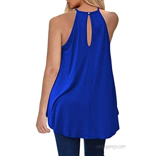 ECOWISH Womens Halter Neck Lace Patchwork Backless Loose Tunic Tank Dress Sleeveless Casual Top Dresses