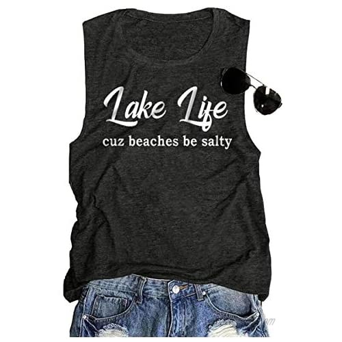 EIGIAGWNG Womens Lake Life Cuz Beaches Be Salty Tank Tops Summer Letter Printed T-Shirt Tees