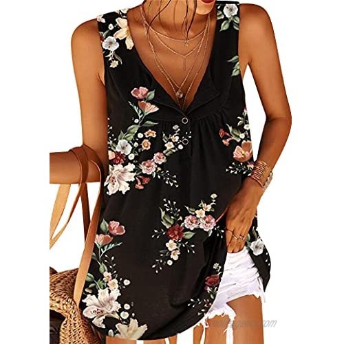Ezcosplay Women V Neck Floral Print Camisole Button Up Pleated Sleeveless Tank Tops