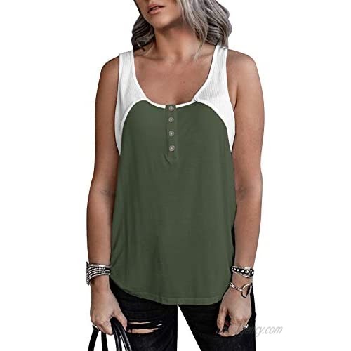 Ferbia Women Sleeveless Tank Top Loose Summer Shirt Casual Waffle Henley Button Down Knit Scoop Neck Ribbed Tee