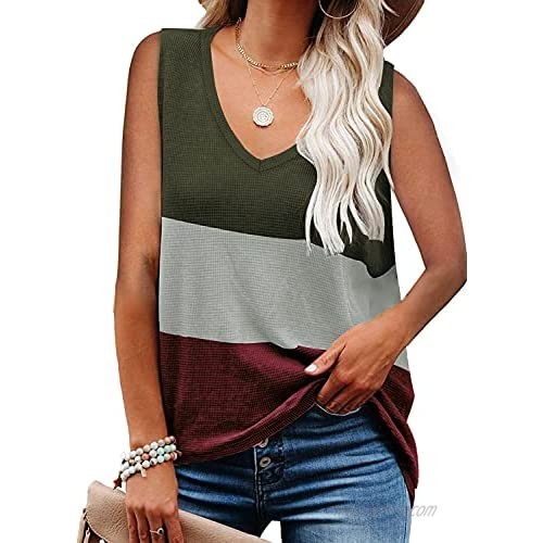Haloumoning Womens Loose Fit Tank Tops V Neck Sleeveless Shirts Color Block Tees for Women
