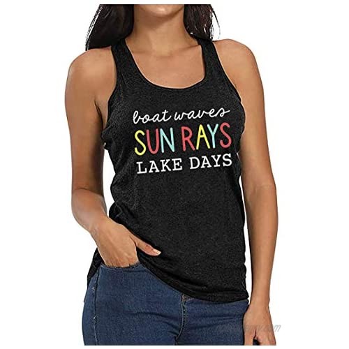 Lake Life Shirts Women Boat Waves Sun Rays Lake Days Tank Tops Funny Letter Print Summer Vacation Racerback Tshirt