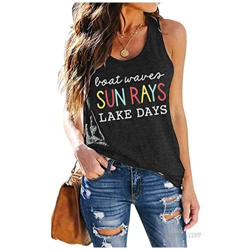 Lake Life Shirts Women Boat Waves Sun Rays Lake Days Tank Tops Funny Letter Print Summer Vacation Racerback Tshirt