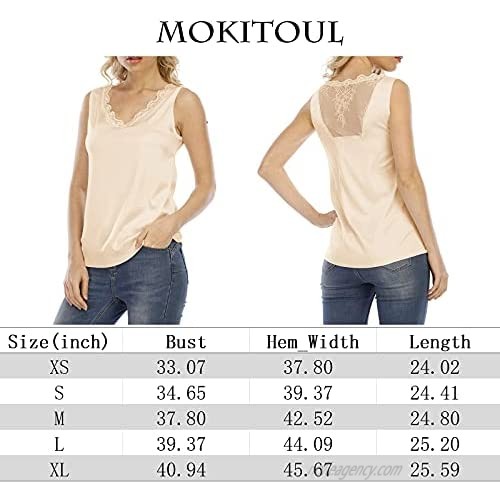 MOKITOUL Women's Silk Tank Tops V Neck Lace Trim Camisole Basic Silky Sleeveless Blouse Shirts