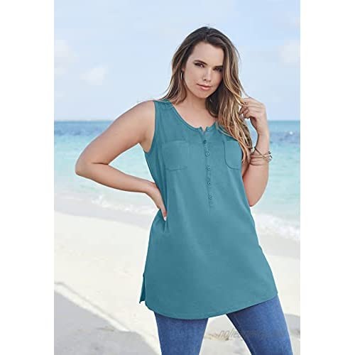 Roamans Women's Plus Size Button-Front Henley Ultimate Tunic Tank Top 100% Cotton Sleeveless Shirt