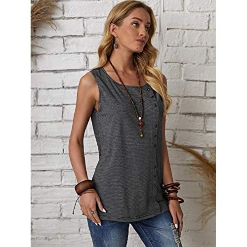Romwe Women's Casual Striped Sleeveless Tee Button Front Round Neck Tank Tops Shirts