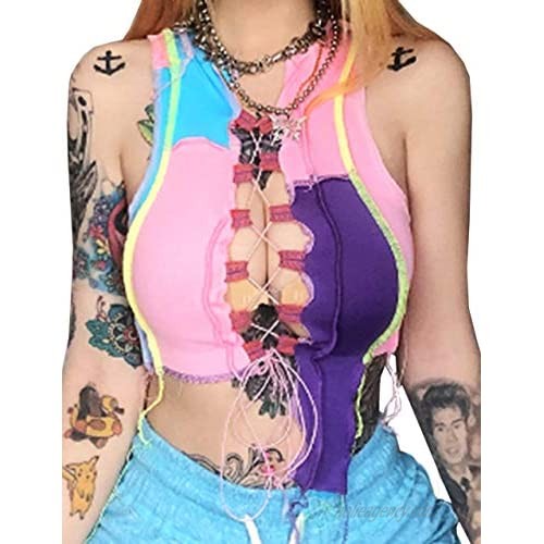 SAFRISIOR Women Punk Style Crop Top Patchwork Ribbed Knit Hollow Out Bandage Crop Tank Cami Top