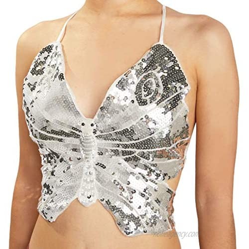 Sequin Butterfly Crop Top for Women (Silver  One Size)