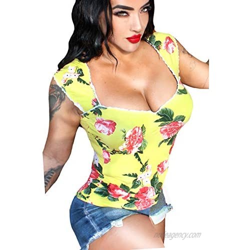 Sexy Pinup Top V-Sleeve Sexy Cleavage Festival Club Top Country Cowgirl Top| Polka Dot| Floral| Red| Black