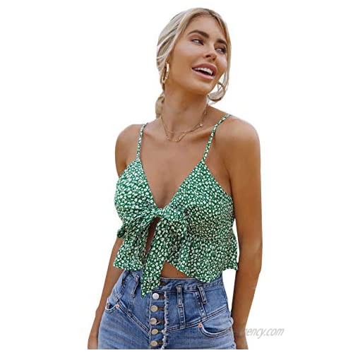 SheIn Women's Floral Sleeveless Strappy Tie Camisole Ruffle Peplum Crop Cami Top Green Small