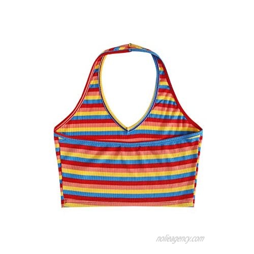 SOLY HUX Women's Rainbow Striped Ribbed Knit Halter Crop Top