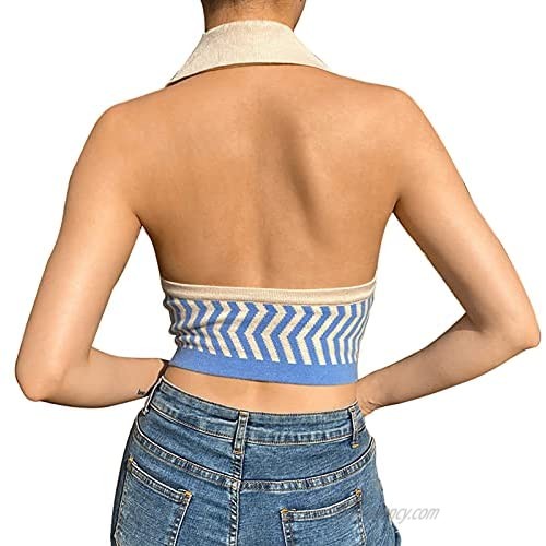 Womens Knit Tops Sleeveless Stripes Halter V Neck Vest Tank Casual Shirt Blouses