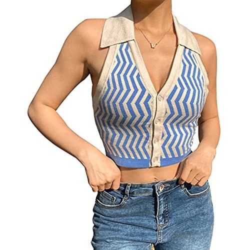 Womens Knit Tops Sleeveless Stripes Halter V Neck Vest Tank Casual Shirt Blouses