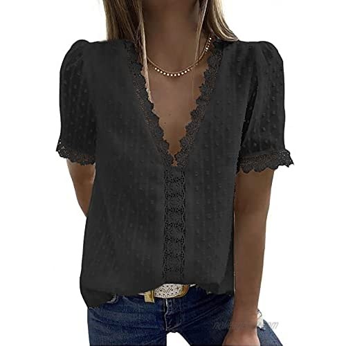 Women's Summer Lace Crochet Short Sleeve V Neck Flowy Casual Tunic Tank Tops Blouses Shirts