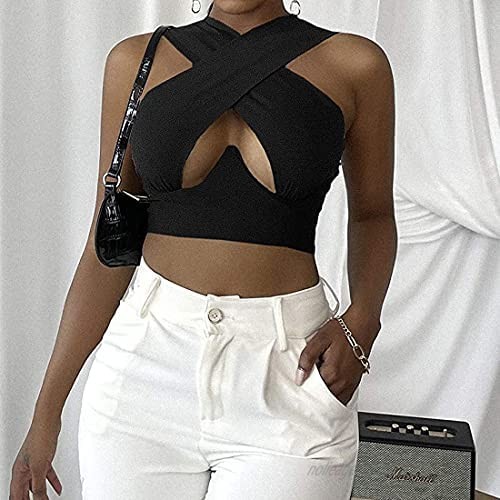 Women's Y2K E-Girls Crisscross Cut Out Vest Halter Wrap Crop Top Solid Color Cami Tank Top