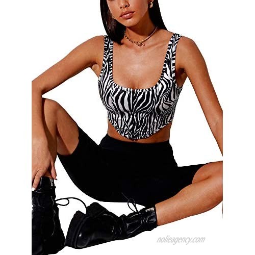 XIAOSHI Women's Sexy Crop Tank Top Sleeveless Square Neck Central Single-Row Clasp Animal Print Camisole