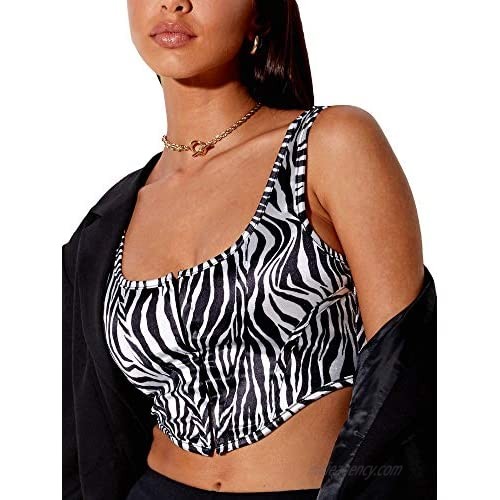 XIAOSHI Women's Sexy Crop Tank Top  Sleeveless Square Neck Central Single-Row Clasp Animal Print Camisole