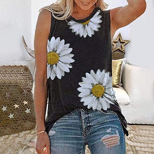 Yanekop Womens Summer Cute Tank Top Sunflower Printed Sleeveless Shirt Casual Loose Tee